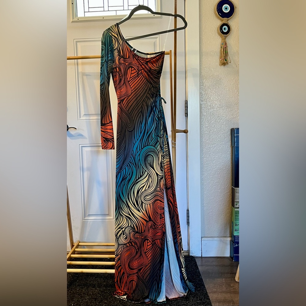 geometric multi color long sleeve cutout dress